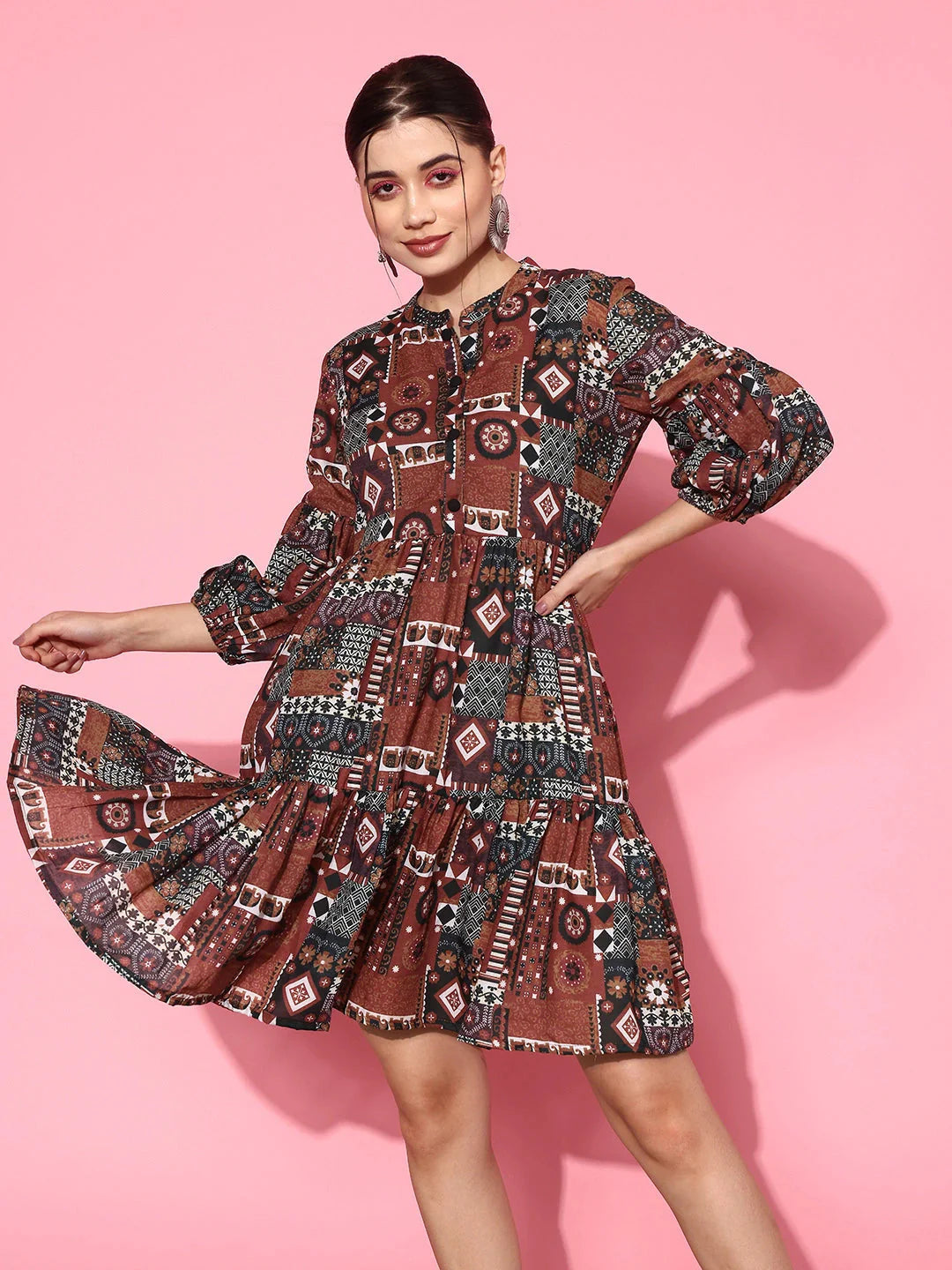 Yufta Ethnic Motifs Print Puff Sleeves Tiered Fit & Flare Pure Cotton Dress - Distacart