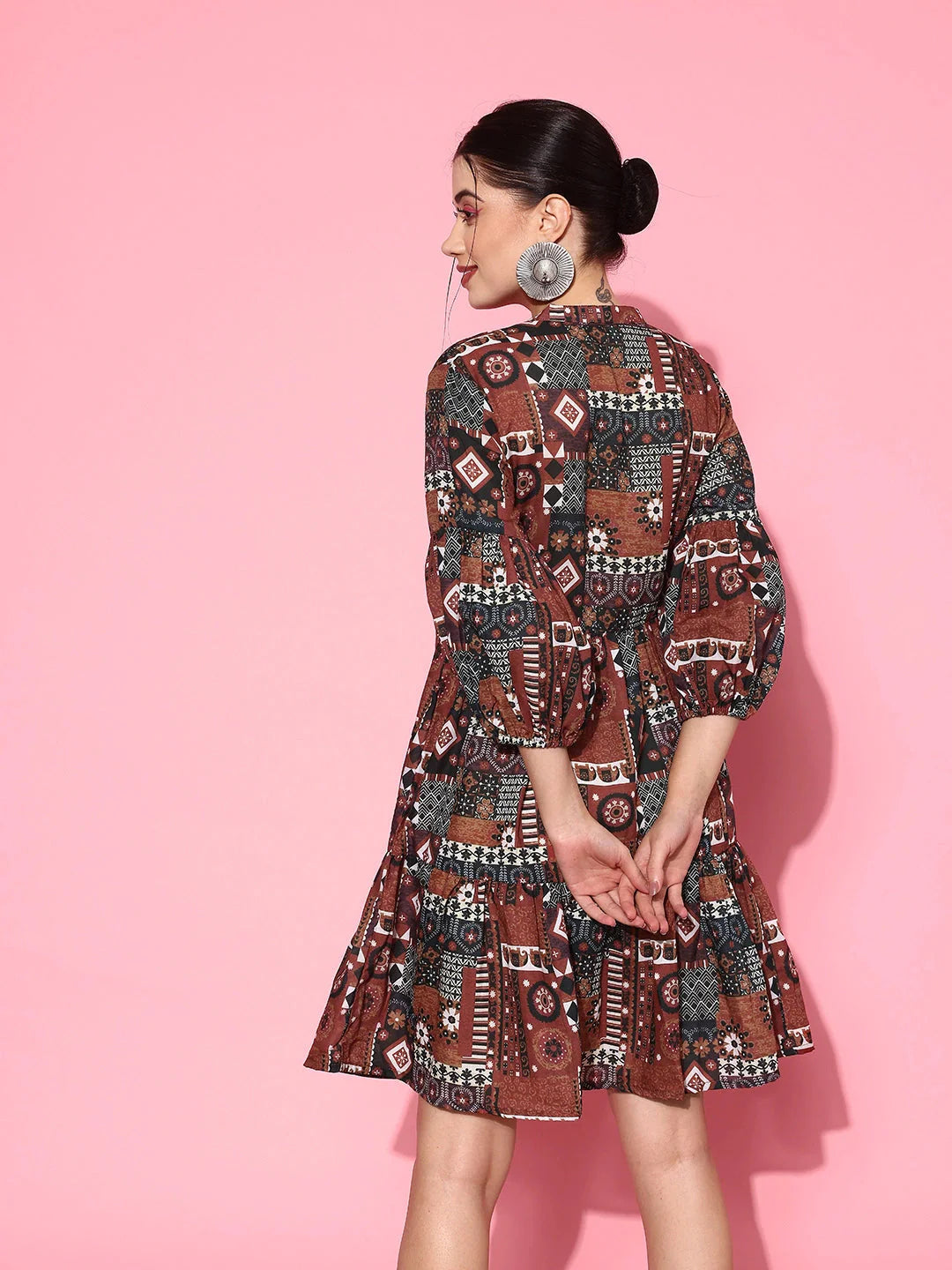 Yufta Ethnic Motifs Print Puff Sleeves Tiered Fit & Flare Pure Cotton Dress - Distacart