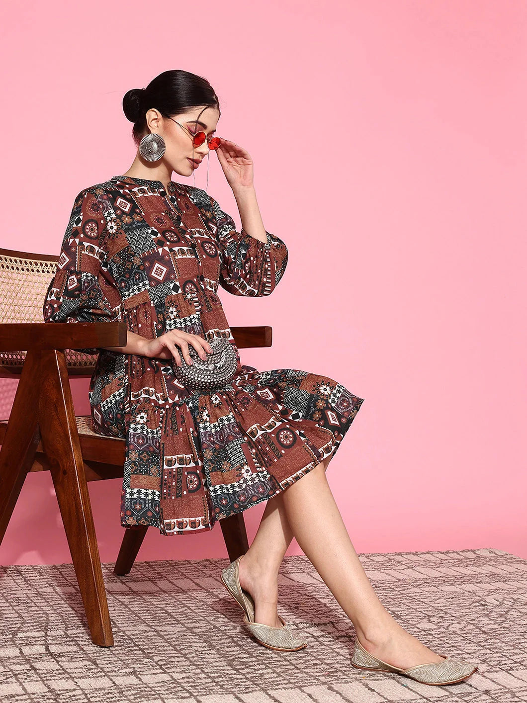 Yufta Ethnic Motifs Print Puff Sleeves Tiered Fit & Flare Pure Cotton Dress - Distacart