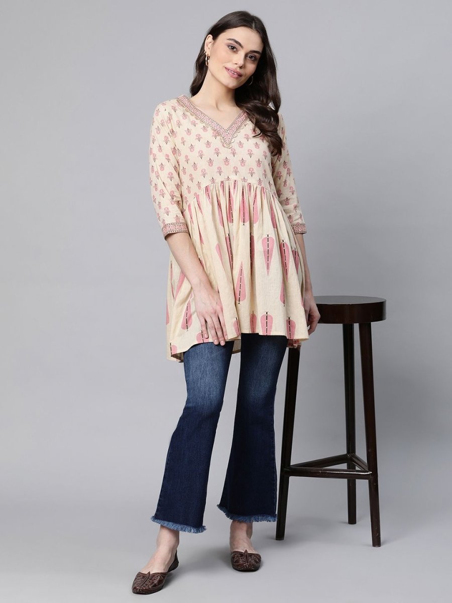 Ahalyaa Women Beige Pure Cotton Printed Tunic - Distacart