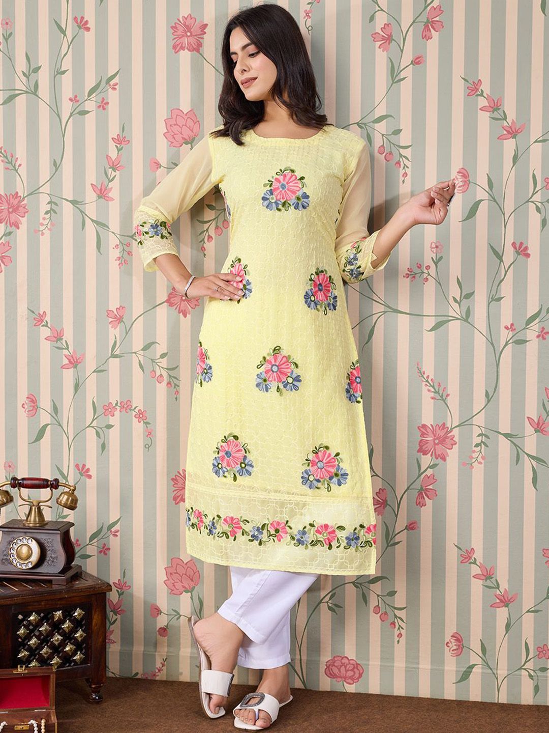 Ode by House of Pataudi Floral Embroidered Thread Work Floral Georgette Straight Kurta - Distacart