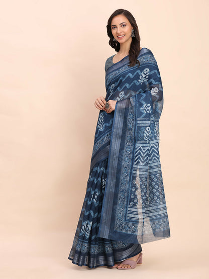 Shree Shyam Fashion Linen Cotton Indigo Blue Saree - Distacart