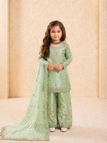 Teeya Creation New Kids Wedding Wear Heavy Embroidery Sequence Work Kurta Sharara Set-Green - Dista