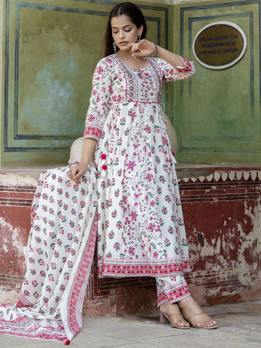 Anouk White Floral Printed Thread Work Pure Cotton Anarkali Kurta With Trouser & Dupatta
