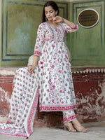 Thumbnail for Anouk White Floral Printed Thread Work Pure Cotton Anarkali Kurta With Trouser & Dupatta
