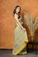 Thumbnail for Very Much Indian Handblock Printed Cotton Saree With Natural Dyes - Black & White - Distacart