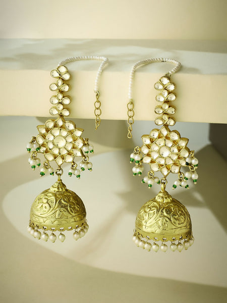 Nuyug 22K Gold-Plated Floral Jhumki Kundan Studded Kanauti Earrings