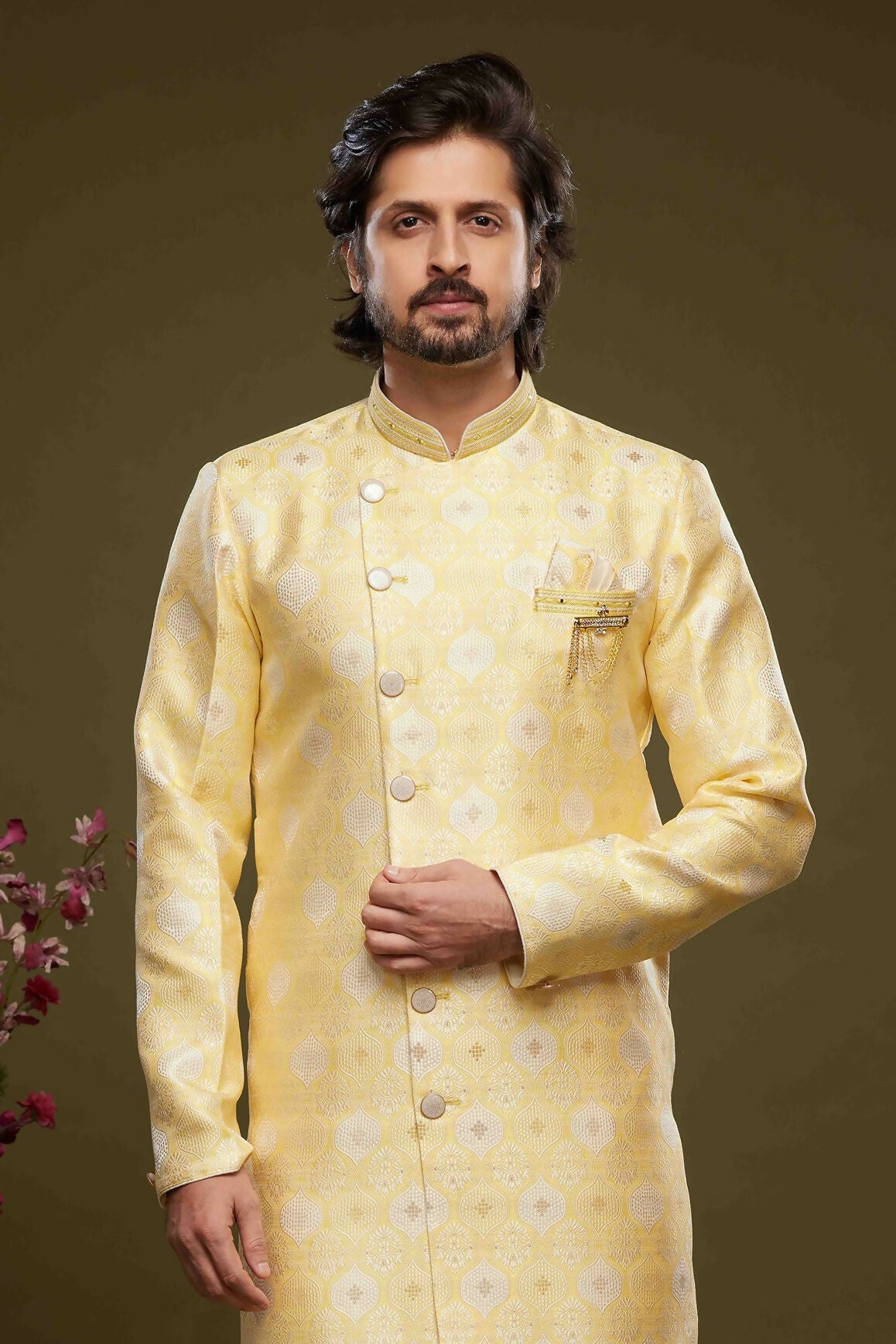 Raivat Ethnic Banarasi Jacquard Embroidery Semi Indo Western Sherwani In Yellow Colour