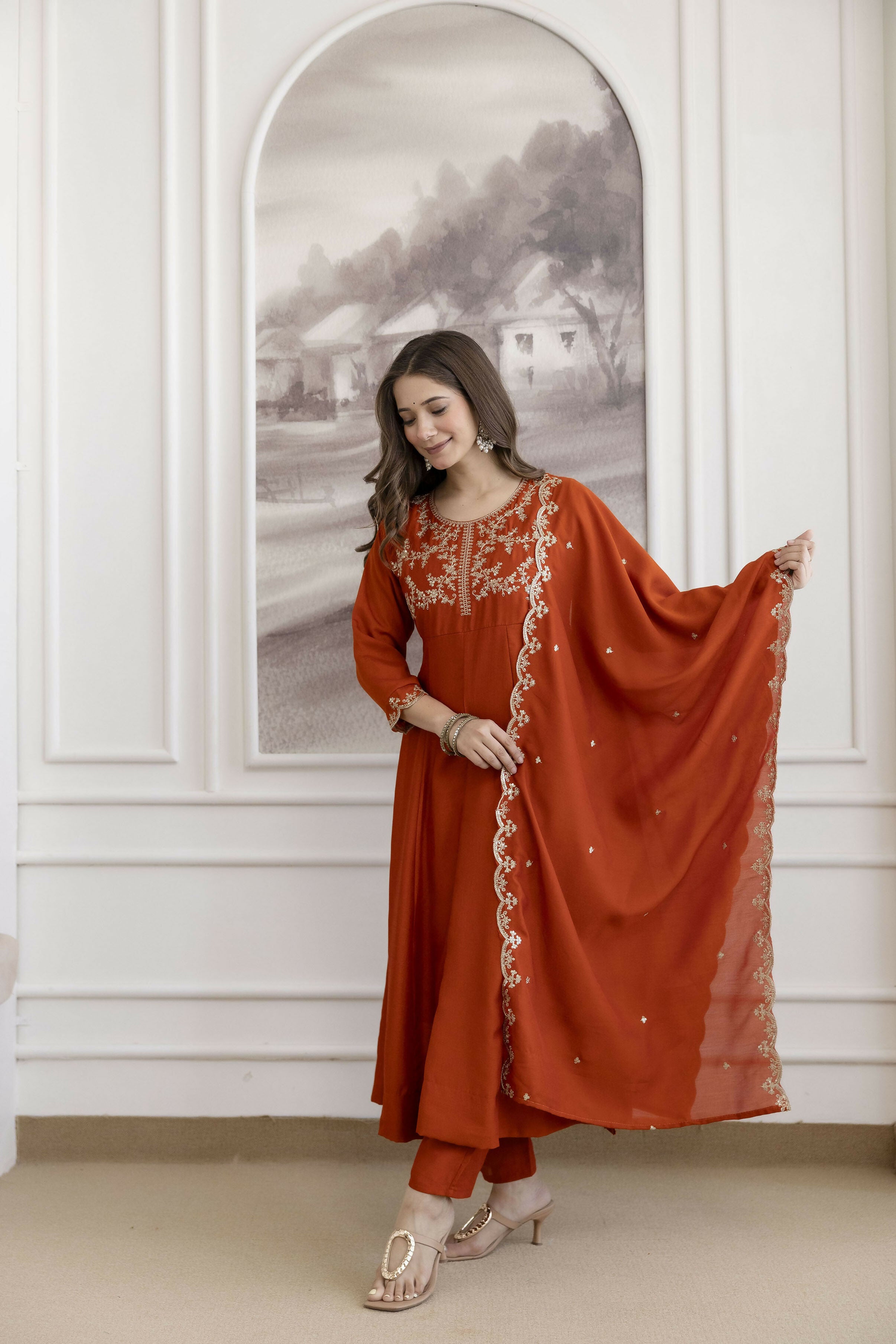 The52 Orange Women's Beautiful Vichitra Silk Fabric Embroidered Work Flared Anarkali Pant and Dupatta Set