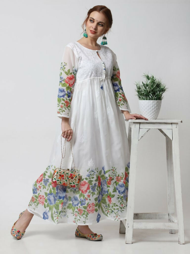 Cheera Women Stylish Hand Chikenkari And Digital Printe Cotton Organza Flared Anarkali Kurta - White - Distacart