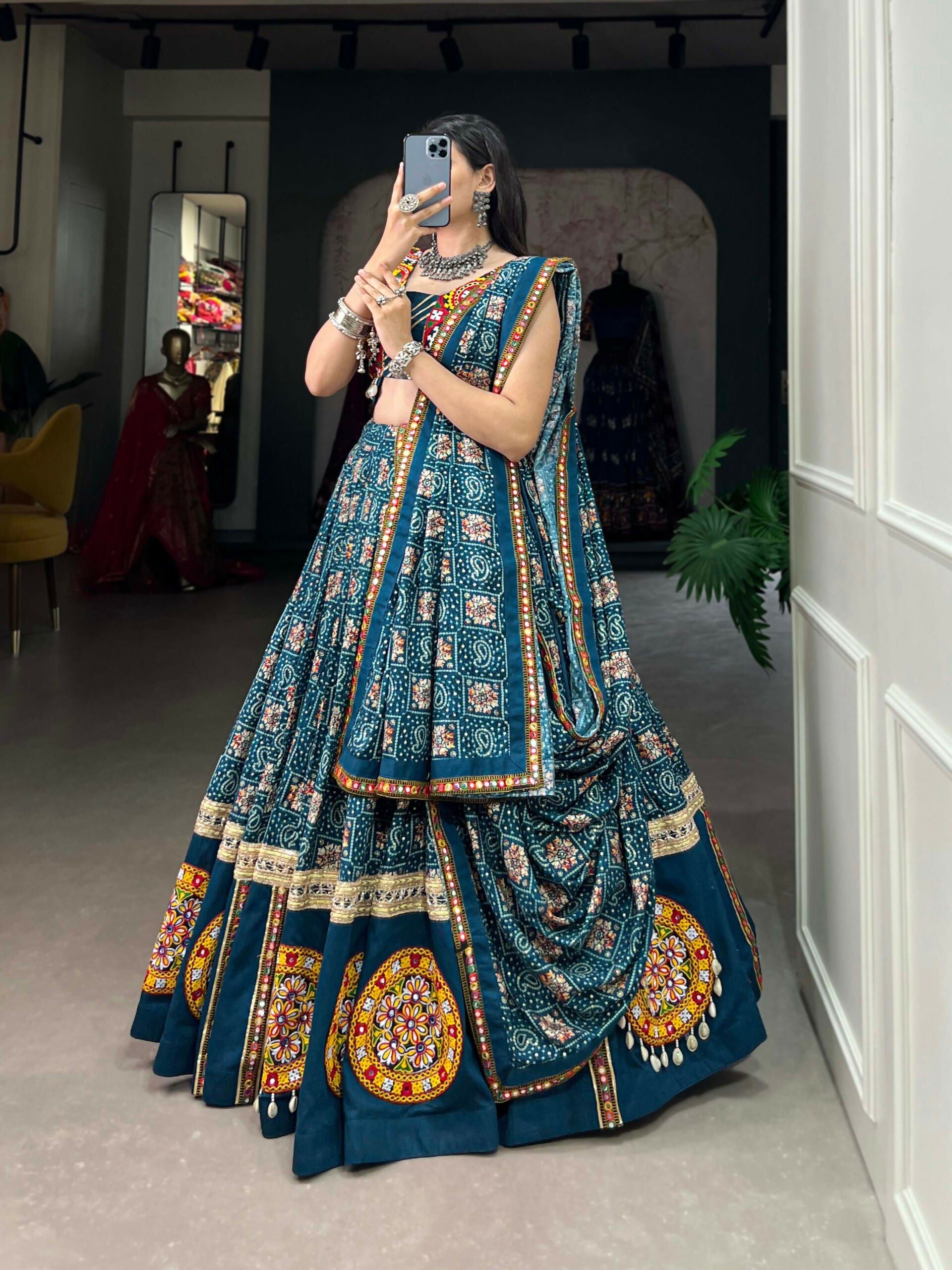 Vastranavya Navaratri Special Pure Rayon Printed With Foil Work And Gamthi Patch Work With Lace Touch Up Lehenga with Stitched Blouse - Teal - Distacart