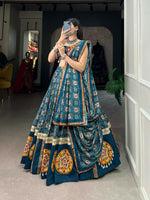 Thumbnail for Vastranavya Navaratri Special Pure Rayon Printed With Foil Work And Gamthi Patch Work With Lace Touch Up Lehenga with Stitched Blouse - Teal - Distacart