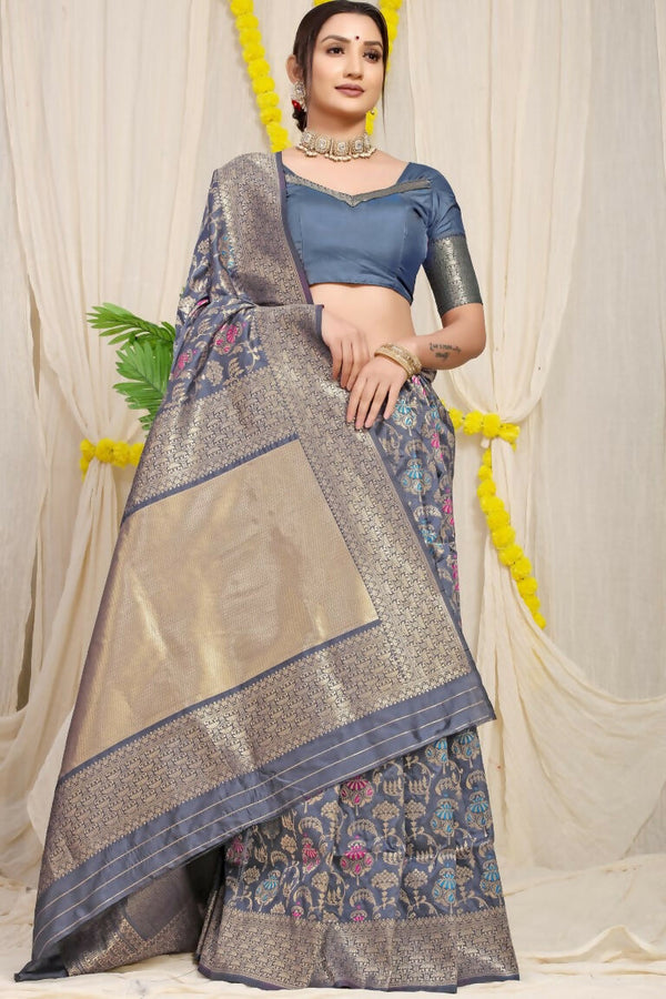 Jyoti Fashion Women's Grey Kanjivaram Silk Zari Woven Saree with Blouse - Distacart