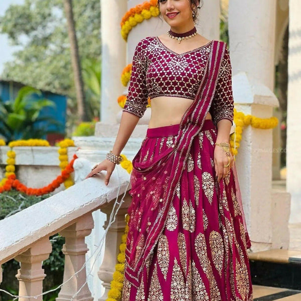 Jyoti Fashion Graceful Cherry Red Faux Georgette Jari Embroidery Lehenga Choli with Dupatta - Distacart