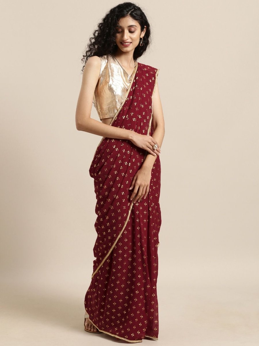 Ahalyaa Women's Maroon Georgette Gold Foil Print Ready to Wear Saree