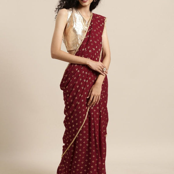 Ahalyaa Women's Maroon Georgette Gold Foil Print Ready to Wear Saree