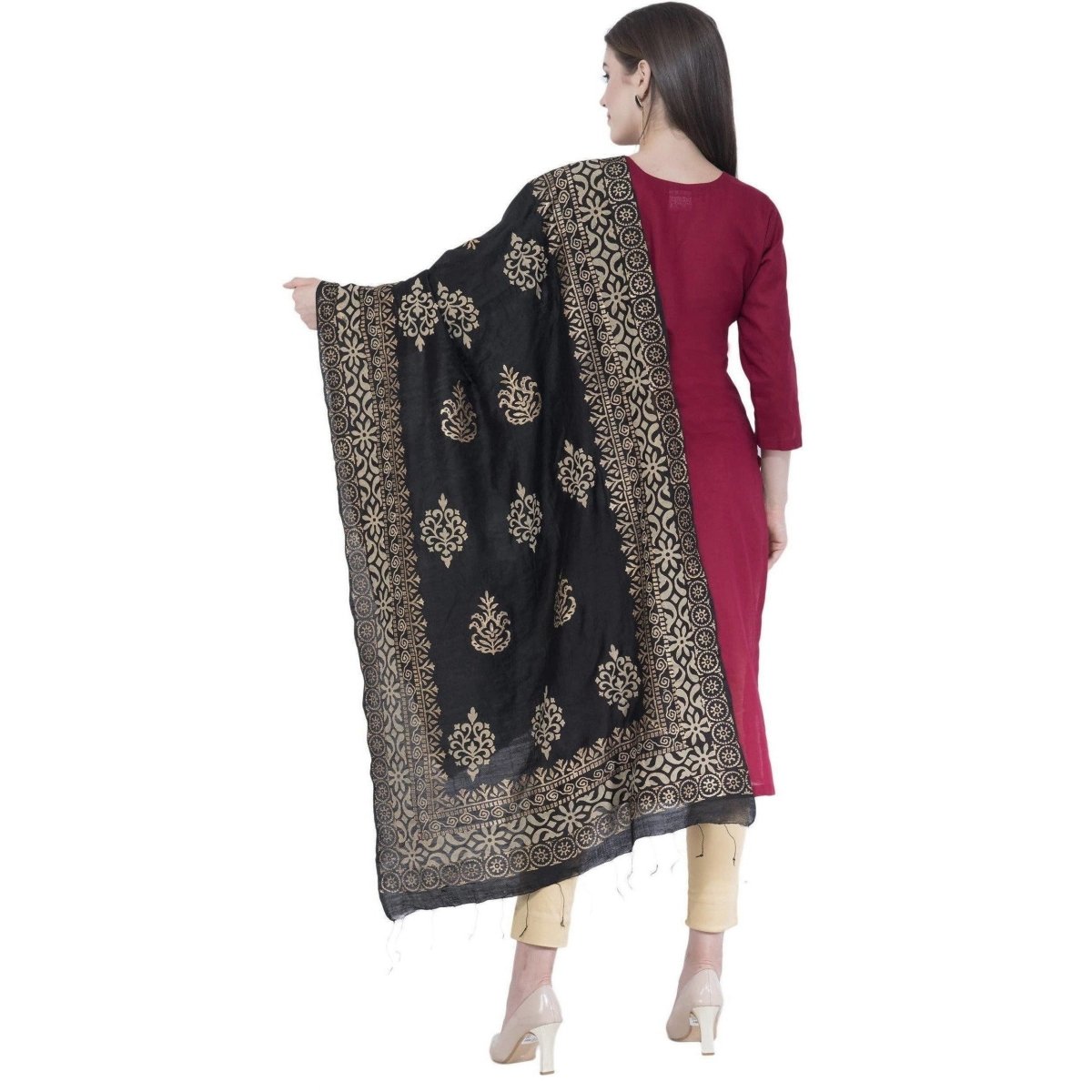 A R SILK Black Color Chanderi Gold Print Dupattas and Chunnis