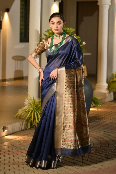 Vishnu Weaves Women's Blue Soft Tussar Silk Printed Saree with Blouse