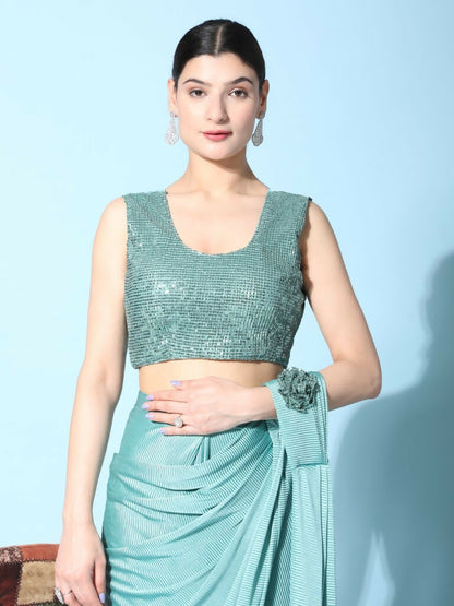 Sea Green Imported Crush Lycra Texture Pattern Ready to Wear Saree with stitched Blouse - Nirvana - Distacart