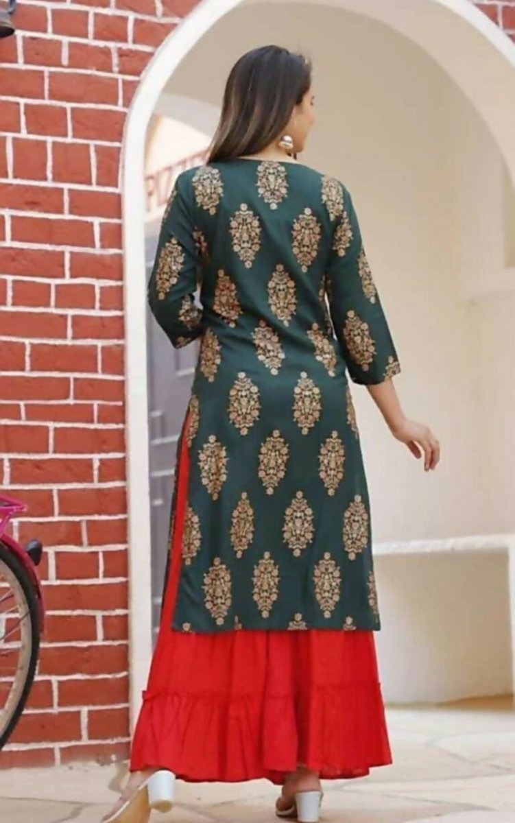 Alvano Printed Kurta With Sharara Set for Women's and Girls Rayon (Green) - Distacart