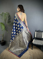 Thumbnail for Joban Fashion Navy Blue Ethnic Floral Motifs Soft Lichi Silk Banarasi Saree - Distacart