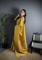 Thumbnail for Joban Fashion Golden Yellow Banarasi Soft Lichi Silk Checks & Woven Saree