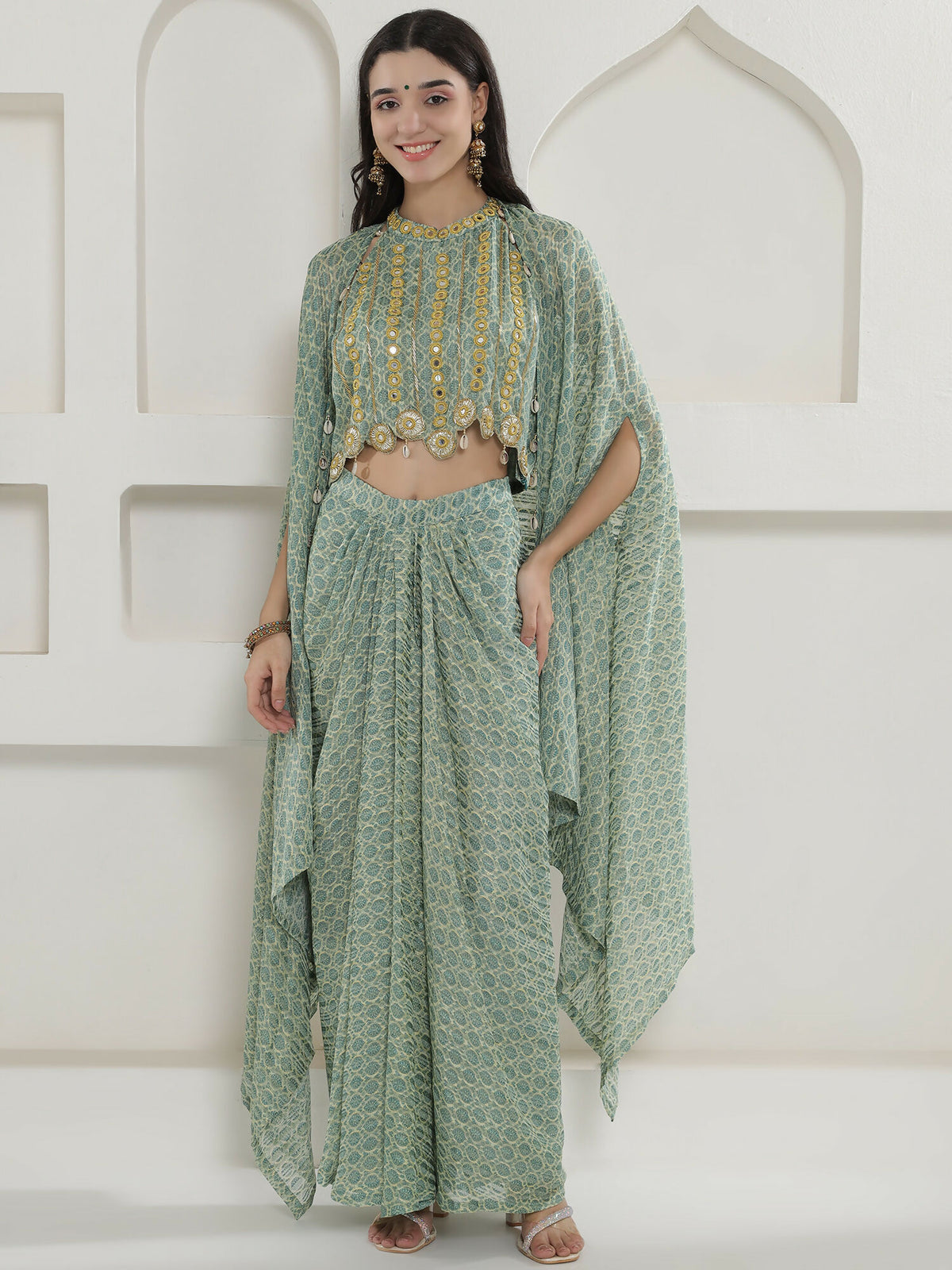 Joban Fashion Green Georgette Cape Inner And Shirt Set