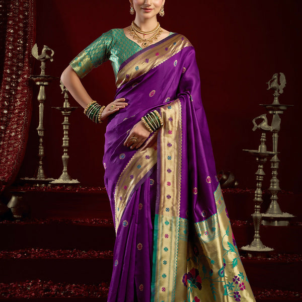 Joban Fashion Purple Paithani Silk Blend Butti Saree