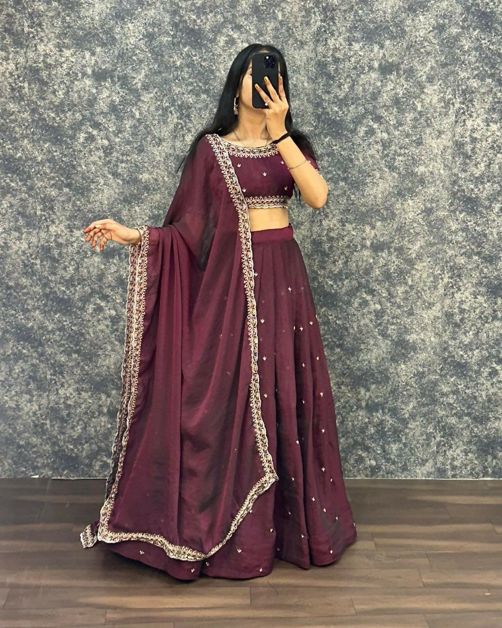 Teeya Creation Womens New Trendy Radiant Wine Hand-Embroidered Silk Lehenga Choli Set - Dista
