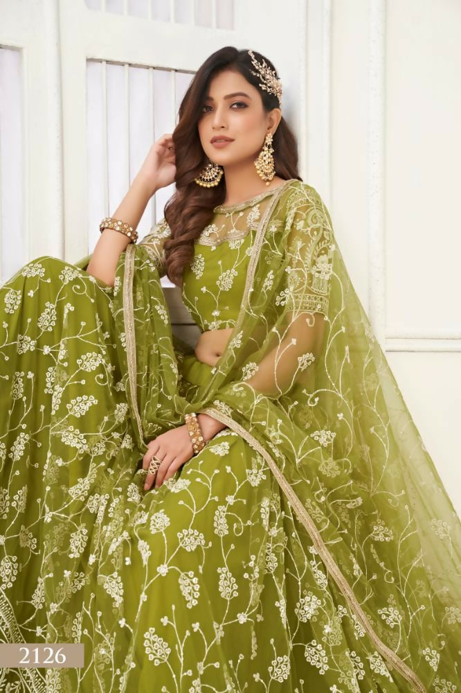 Aastha Fashion Olive Green Butterfly Net White Cotton Thread Work And Sequence Work Embroidery Wedding Wear Lehenga Choli - Distacart