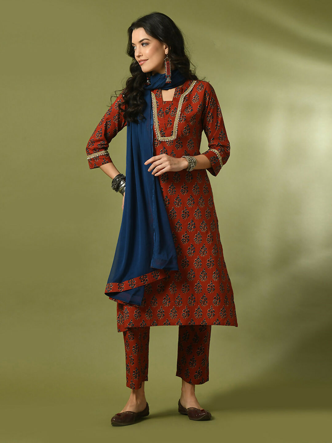 Myshka Women's Rust Printed Cotton Straight Party Kurta Set With Dupatta - Distacart