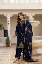 Thumbnail for Teeya Creation Blue Color Pure Velvet Embroidery Work Wedding Wear Salwar Suit - Distacart