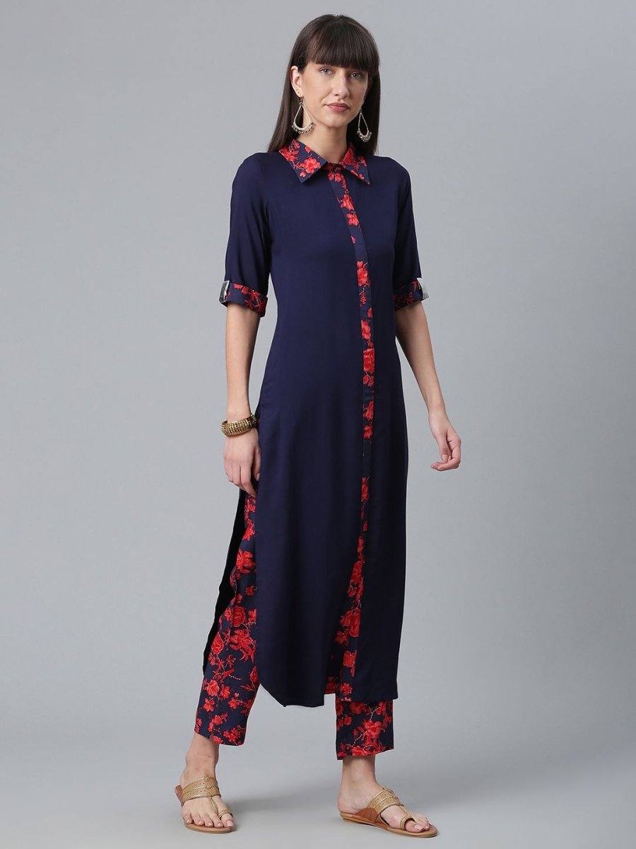 Ahalyaa Navy Blue Solid Rayon Kurta Pant Set