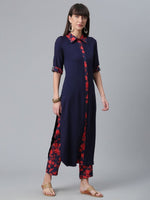 Thumbnail for Ahalyaa Navy Blue Solid Rayon Kurta Pant Set