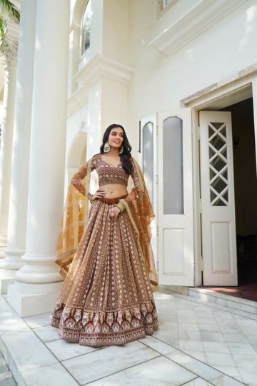 Aastha Fashion Brown Butterfly Net White Cotton Thread Work And Sequence Work Embroidery Wedding Wear Lehenga Choli - Distacart