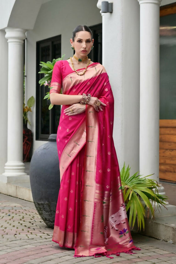 Vishnu Weaves Women's Pink Paithani Silk Zari Woven Saree with Blouse