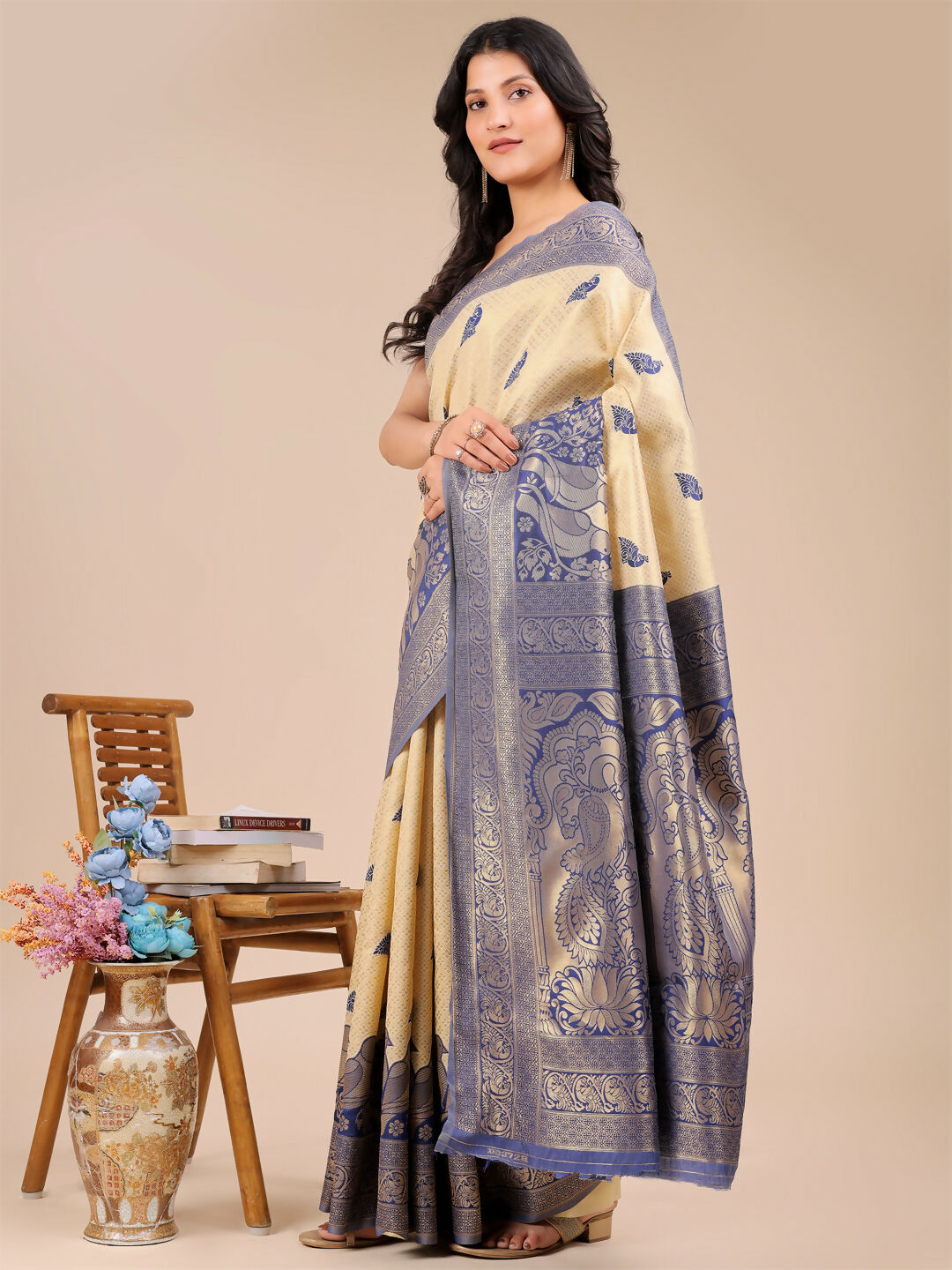 Astita Banarasi Silk Cream & Navy Blue Saree