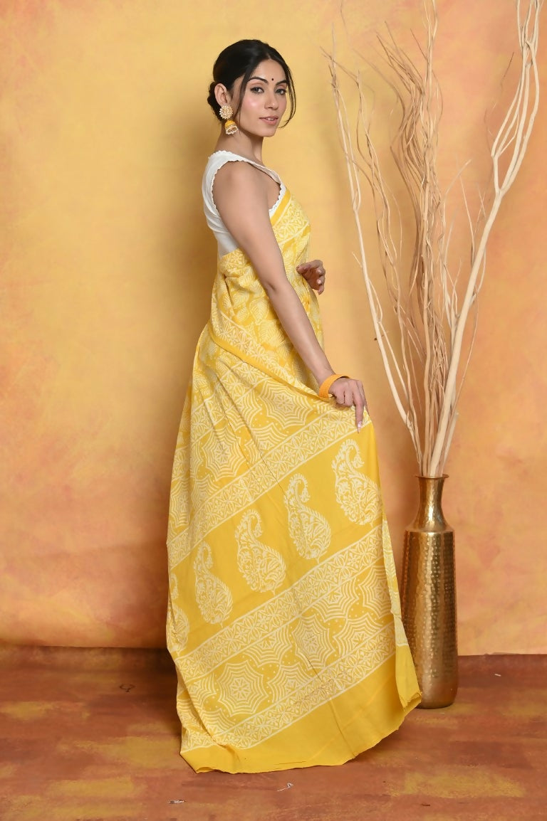 Very Much Indian Handblock Printed Cotton Saree With Natural Dyes - Yellow - Distacart