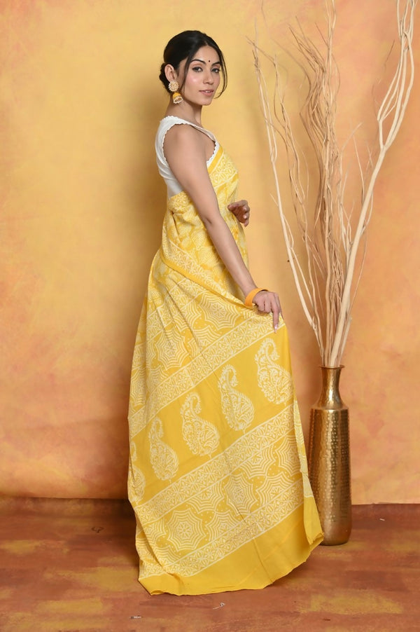 Very Much Indian Handblock Printed Cotton Saree With Natural Dyes - Yellow - Distacart