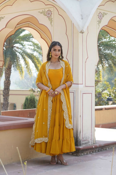Aastha Fashion Women's Yellow Faux Georgette 5 Layer Frill Work Anarkali Dress with Dupatta - Distacart