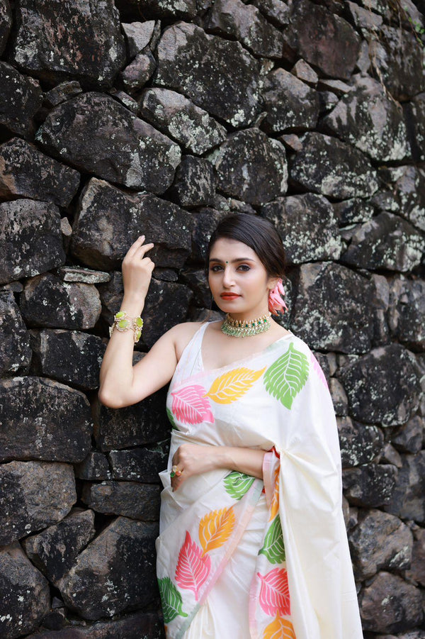White Pure Silk Woven Design Saree with Unstitched Blouse - A2M