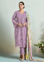 Thumbnail for Lilac Pink Pure Muslin Resham Embroidered Salwar Suit - Emponline - Distacart