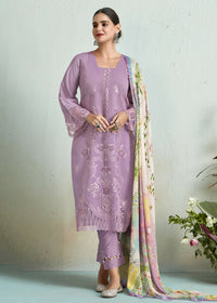 Thumbnail for Lilac Pink Pure Muslin Resham Embroidered Salwar Suit - Emponline - Distacart