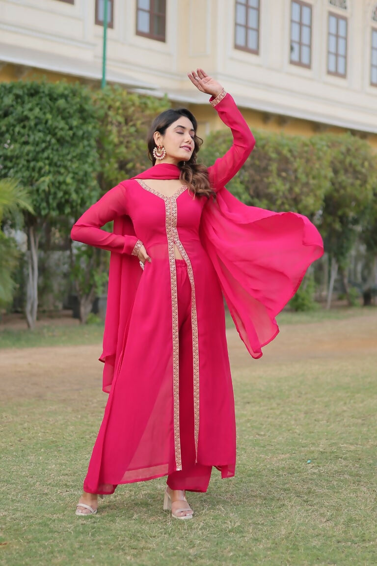 Jyoti Fashion Women's Pink Faux Blooming Embroidered Kurta with Trouser & Dupatta - Distacart