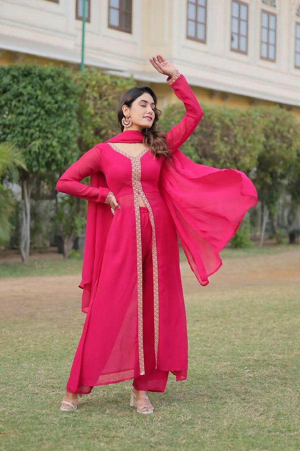 Jyoti Fashion Women's Pink Faux Blooming Embroidered Kurta with Trouser & Dupatta - Distacart