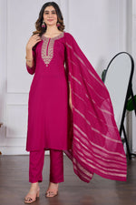 Thumbnail for The52 Pink Women's Beautiful Embroidered Rayon Slub Fabric with Straight Kurta, Pant and Dupatta Set - Distacart