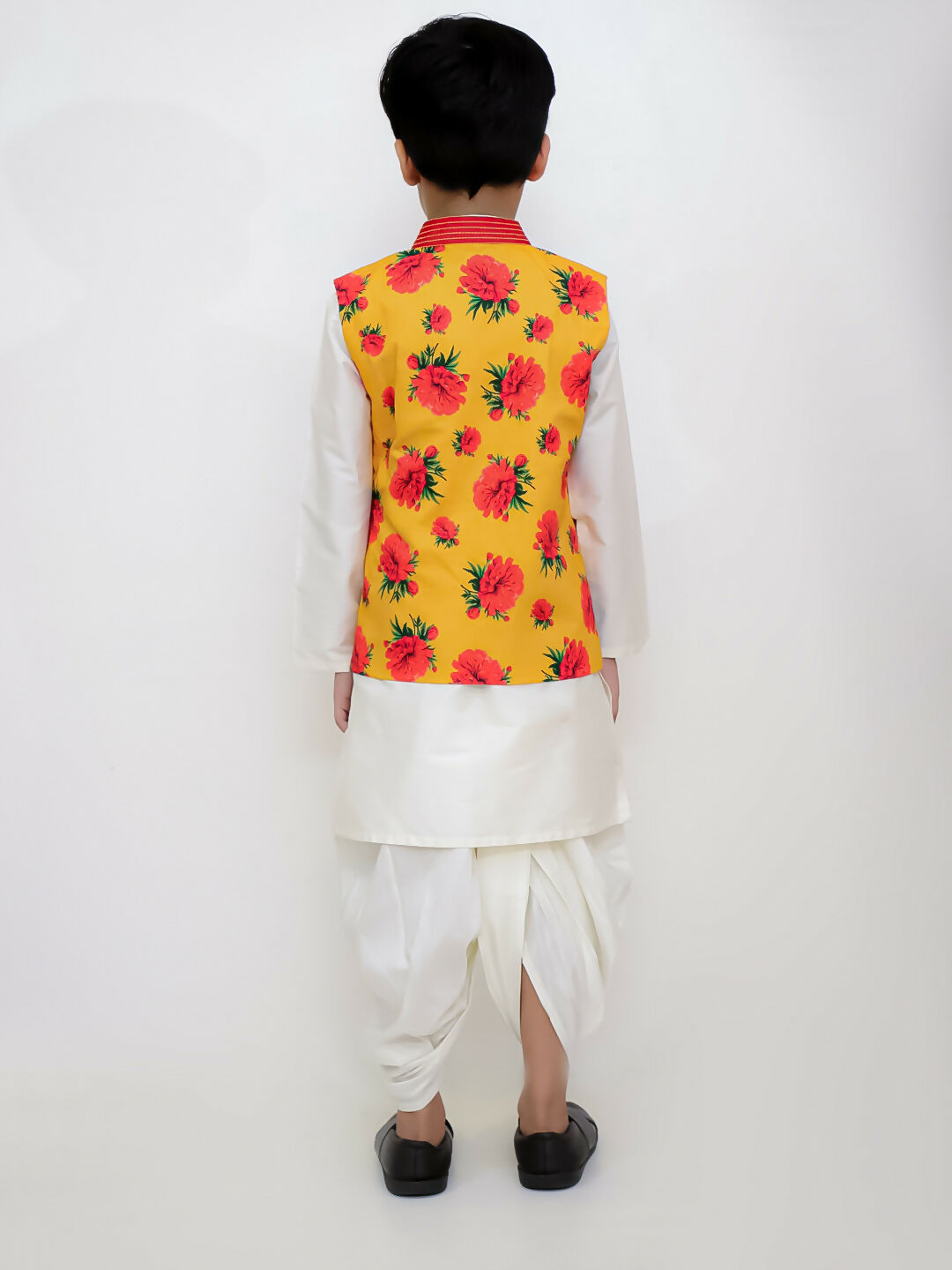 Lil Drama Genda Phool White Kurta and Dhoti with Mustard Jacket Set for Boys
