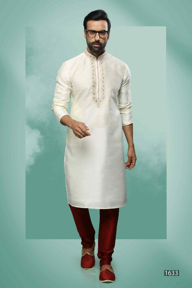Raivat Ethnic Art Silk Mirror Embroidery Work Kurta Pajama In Cream Colour - Dista
