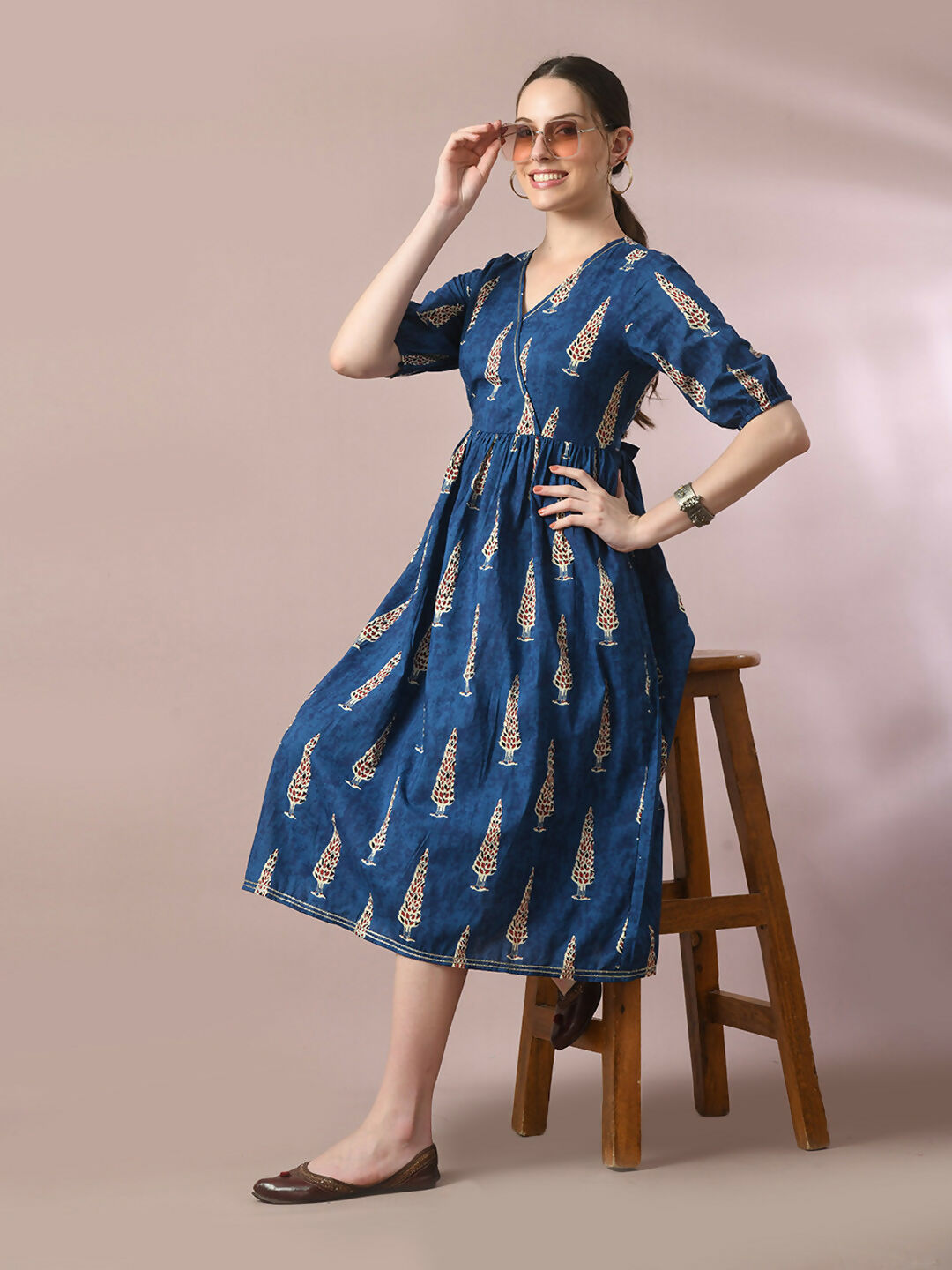 Myshka Women's Blue Printed Cotton V-Neck Empire Party Dress - Distacart
