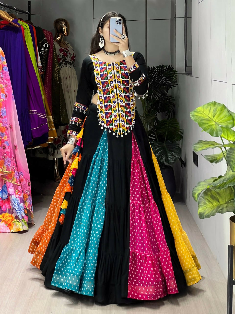 Yash Enterprise Multicolor Rayon Cotton Embroidery Semi Stitched Navratri Chaniya Choli - Dista